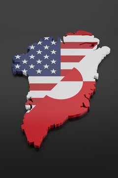 Three-dimensional map of Greenland with the colors of USA and Greenland flags. 3d illustration.