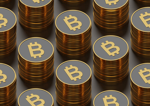 Seamless isometric Bitcoin pattern. 3D illustration.
