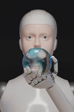 Close-up portrait of a female humanoid robot holding a glass Earth. 3d illustration.