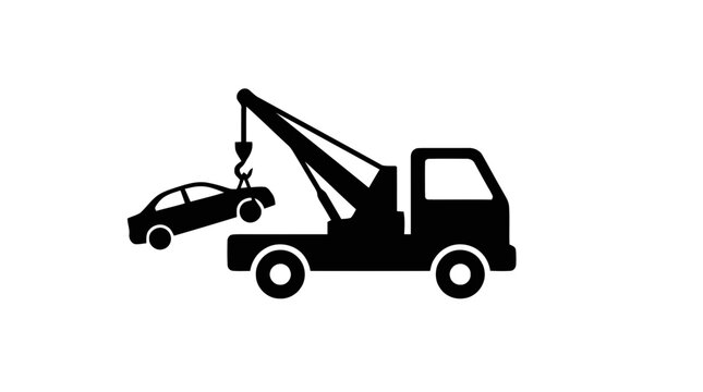 Vector illustration of tow truck lifting car icon, vehicle towing service symbol on a transparent background