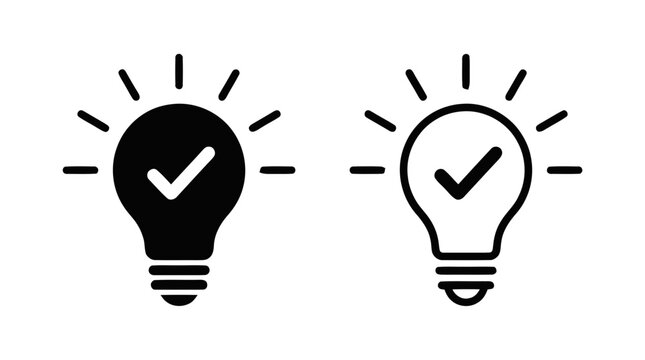 Vector illustration of light bulb icon with check mark symbol set on a transparent background