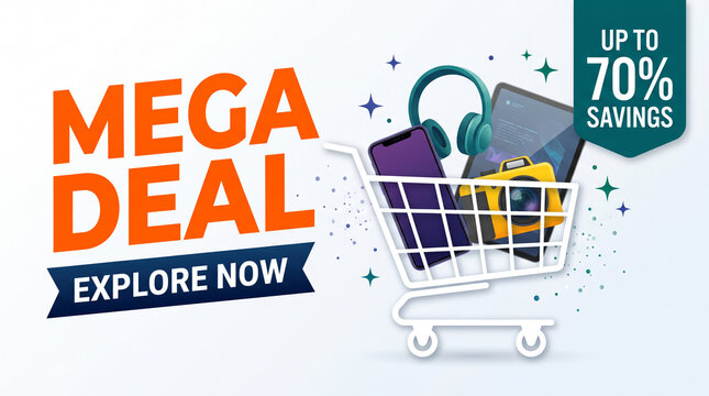 Mega deal showcase with shopping cart filled with electronics, symbolizing great savings and shopping opportunity, great for promotions.
