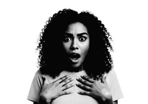 Woman with curly hair touching her chest thoughtfully illustration