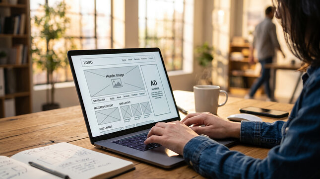 Laptop displaying website wireframe on a wooden desk, symbolizing design process, planning, and digital creation.