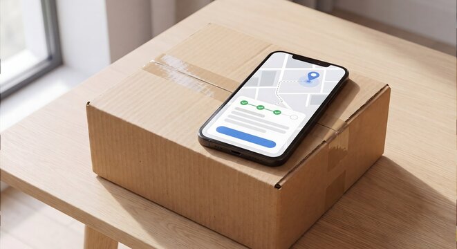 Phone showing delivery confirmation on a cardboard box
