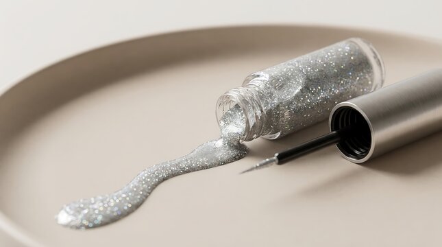 Silver glitter liquid eyeliner pouring out of a glass bottle on a beige surface. silver sparkle eyeliner
