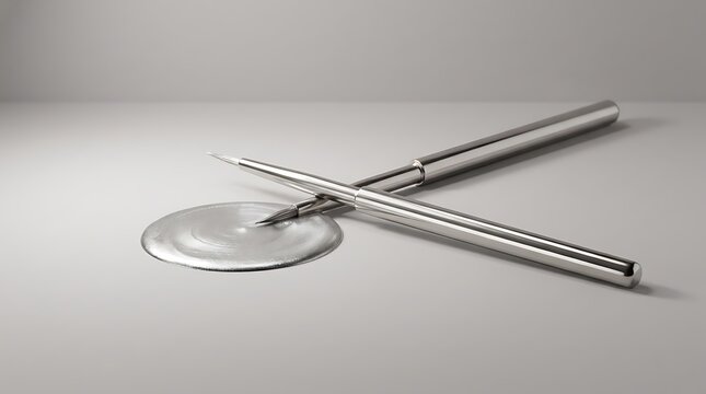 Silver makeup brush resting on a pool of liquid metallic silver paint. silver sparkle eyeliner