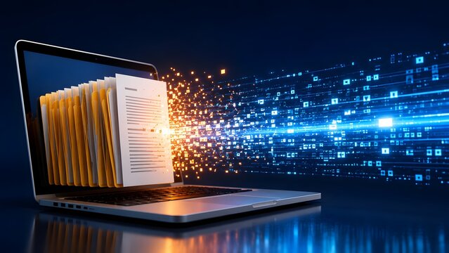 Laptop converting physical document folders into glowing digital data particles representing digital transformation and cloud storage archiving