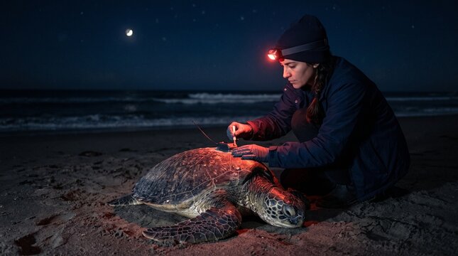 Marine Biologist Gently Attaching a Satellite Tag to a Sea Turtle'S Shell on a Moonlit Beach