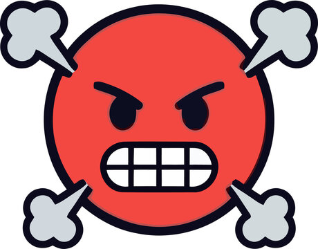 Cartoon illustration of an angry red face with smoke and crossed bones