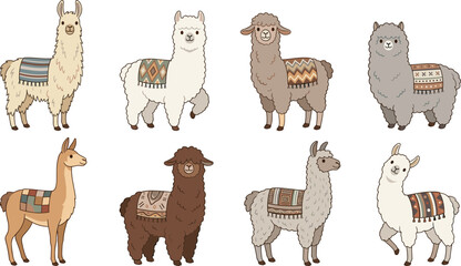 Fototapeta premium Cute Alpaca and Llama Vector Character Sticker Set with Traditional Pattern Blankets for Children Nursery Prints, Greeting Cards, and Decorative South American Animal Designs