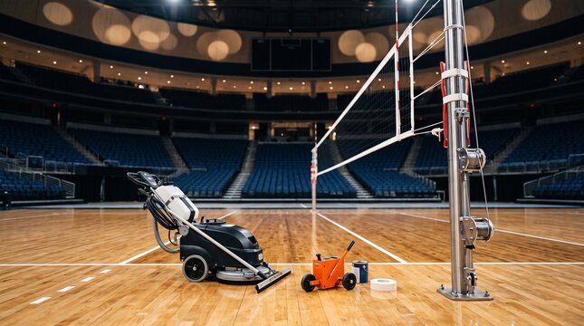 Industrial floor cleaning machine and painting tools on a large indoor volleyball court