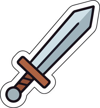 Cartoon illustration of a medieval sword with a brown handle and silver blade