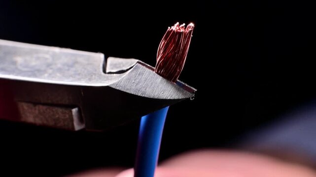 Wire cutters slicing multi strand copper wire