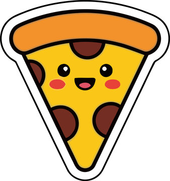 Cute cartoon pizza slice with a smiling face and rosy cheeks isolated on white