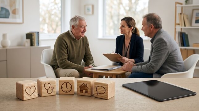 Senior couple meeting with financial advisor or healthcare consultant at home to discuss insurance policy, retirement planning, and care options.   