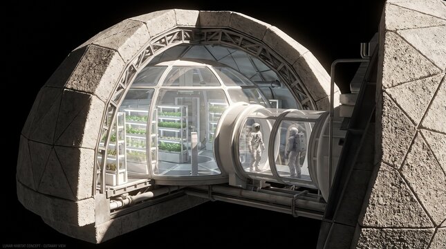 Detailed cross section of futuristic space station biodome with astronauts and indoor vegetation.