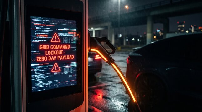 Electric vehicle charging station screen displaying cyber attack warning and grid command lockout error.