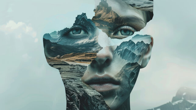  Creative double exposure portrait background with mountain landscape and waterfall blending with human face