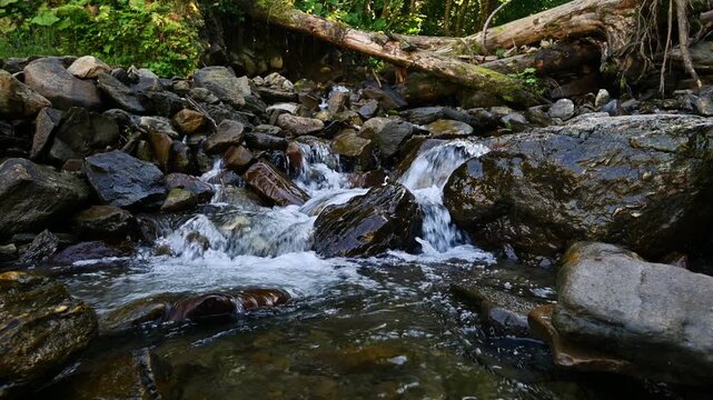 Rushing mountain stream flowing over rocks