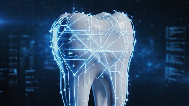 Futuristic 3D molar tooth with glowing blue digital lines for high tech dental analysis