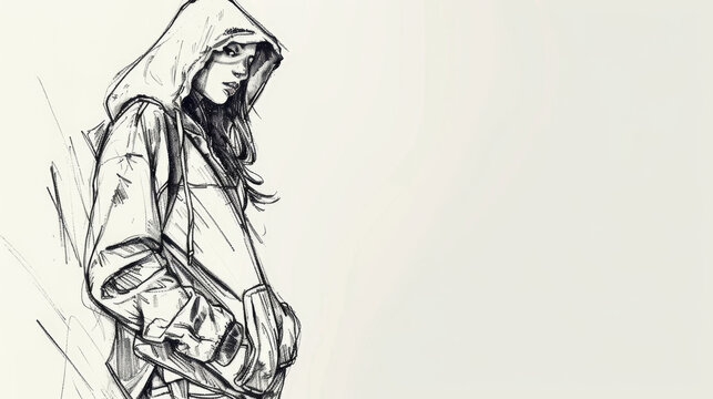 Fashion illustration of stylish 2YK woman in oversized hoodie and baggy pants on white background