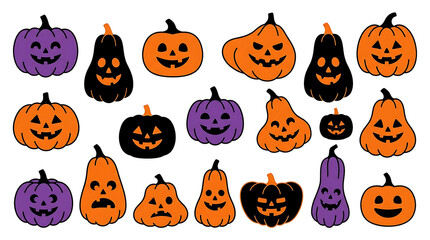 Fototapeta premium Halloween pumpkin vector set with spooky carved jack o lanterns in orange, purple, and black