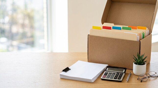 Cardboard filing box containing multicolored office folders sits beside a professional calculator and white paper sheets