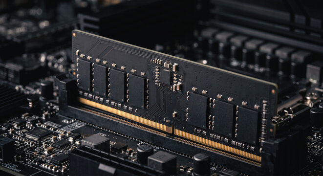 Macro close up of a black RAM memory module installed in a computer motherboard
