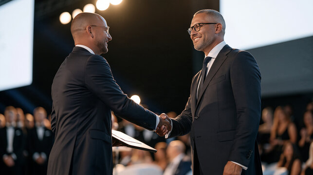 Czech logistics executive shaking hands with industry association president onstage after receiving supply chain excellence award, plaque transfer moment, formal grip, stage