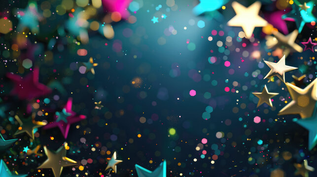 Blurred festive background mockup with golden and colorful star decorations floating in bokeh lights with copy space