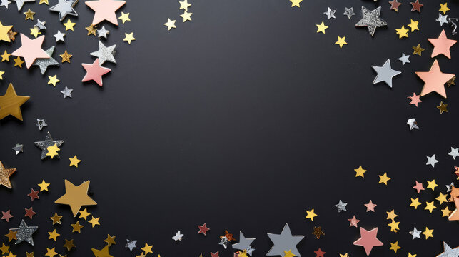 Decorative paper and glitter star confetti in pastel pink, blue, and gold colors on dark background for celebration design