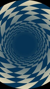 Hypnotic blue and beige checkered spiral tunnel vortex background for optical illusion depth effect and dynamic motion graphics background