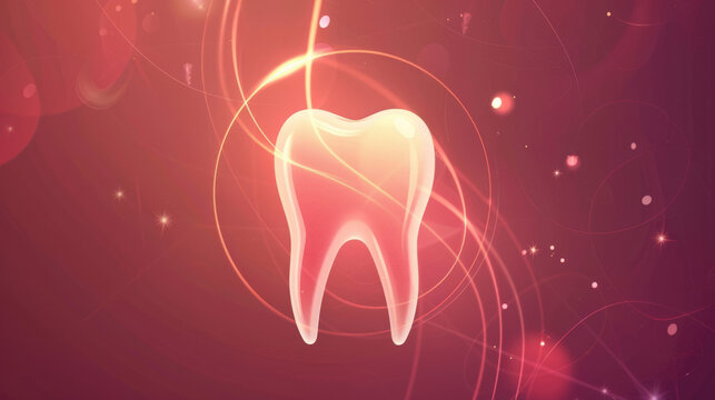 Glowing tooth model with luminous circle and sparkles on red purple gradient background