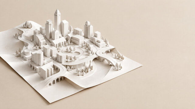 Minimalist white paper model city skyline, architectural urban landscape design, papercraft metropolis illustration for urban planning presentation