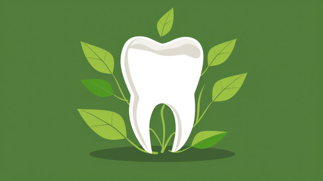 White tooth with green leaves on neutral background representing natural dental care and eco-friendly oral health