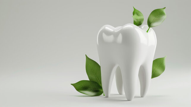 White tooth with green leaves on neutral background representing natural dental care and eco-friendly oral health