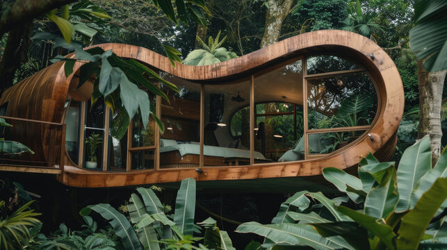 Concept of modern eco treehouse with curved architecture nestled among trees in lush forest setting background