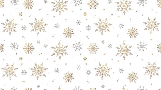 Festive seamless pattern with gold and silver snowflakes on white background