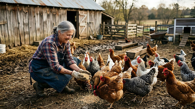 ElderlyPersonFeedingChickensInRuralCoop.