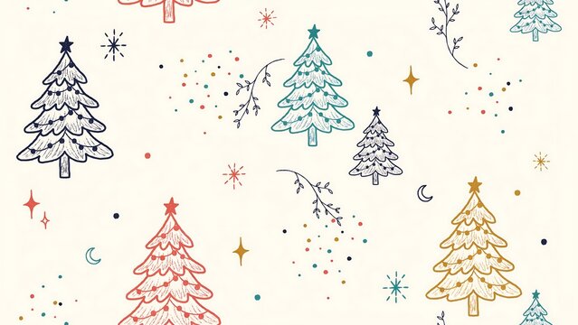 Festive seamless pattern with hand drawn christmas trees and stars on cream
