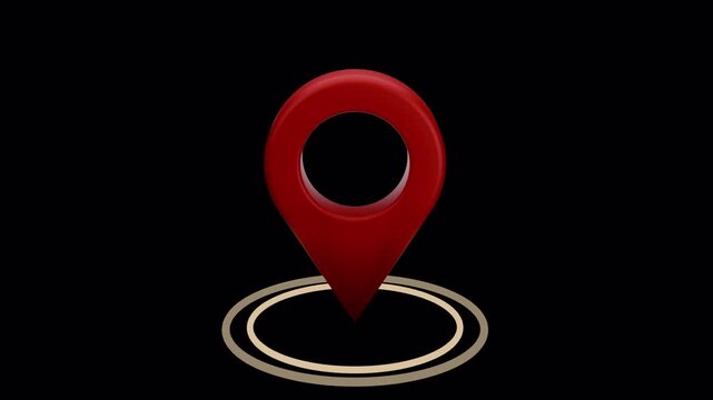 3D Map. Animated red location pin marker with concentric rings. GPS navigation symbol with alpha channel for easy integration into projects.