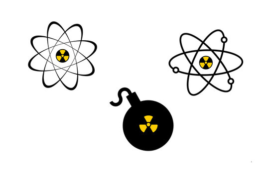 Atomic orbit models with radioactive center symbol and spherical nuclear bomb icon set isolated on white background, vector illustration   