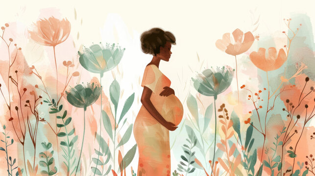 Pregnant woman silhouette surrounded by autumn floral watercolor elements, gentle illustration background