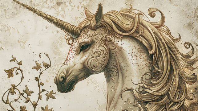 Elegant golden unicorn with ornamental swirls and decorative patterns on aged parchment background