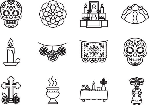 Day of the Dead line icon set including sugar skull, marigold flower, altar, pan de muerto, candle, and catrina vector illustration.