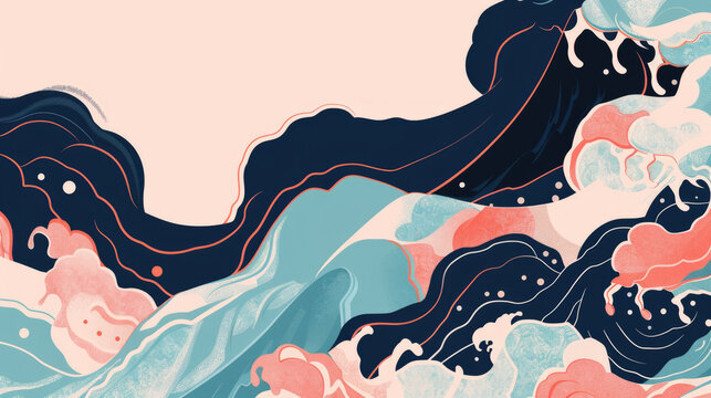 Contemporary Japanese-inspired ocean waves background with coral pink and navy blue color palette in modern artistic style