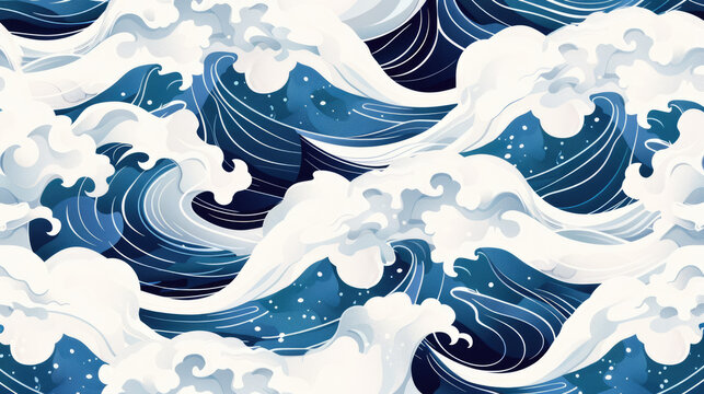 Traditional Japanese style ocean waves background with white foam and swirling patterns in various shades of blue