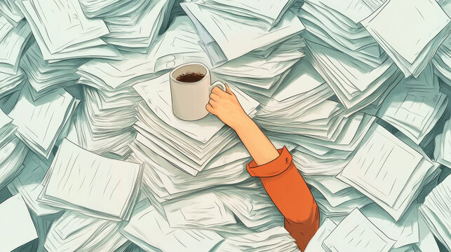 Office worker drowning in pile of documents and scattered papers while holding coffee cup. Concept of work overload