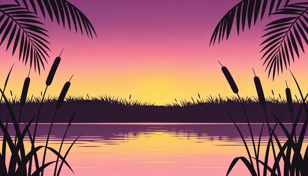 Tropical lake sunset landscape, palm trees, silhouette, cattails, sunset view, nature, vector background, water reflection, evening sky, serene landscape